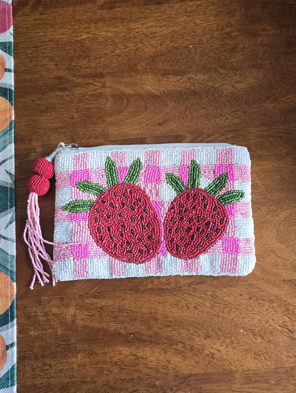 T.J.Maxx Pink White Beaded Strawberry Pouch